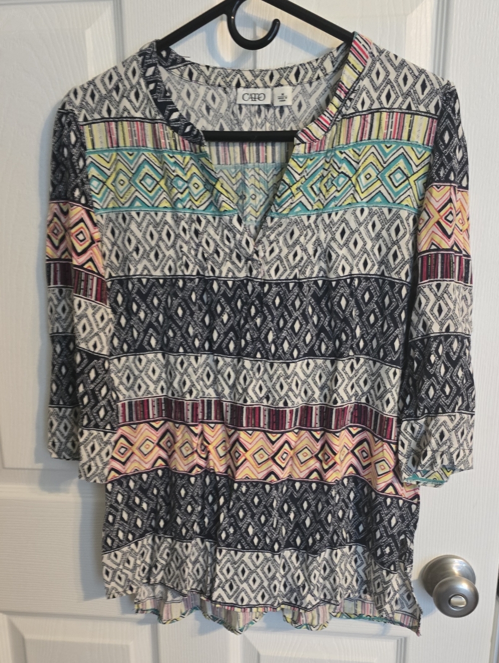 Cato Black Patterned V-Neck Top with Multicolor Accents